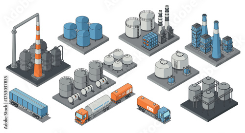Isometric industrial facility with tanks and trucks in a modern design