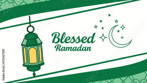 Celebrate the sacred month of Ramadan with a glowing lantern, crescent moon, and stars, conveying peace and blessings.