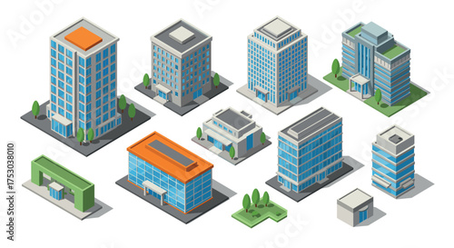 Isometric city buildings collection: urban architectural design set