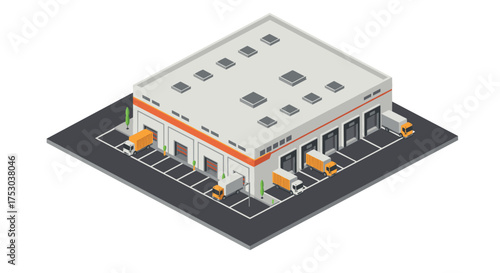 Modern isometric warehouse building with truck loading bays and parking area