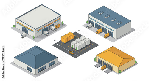 Isometric warehouse and storage facilities with trucks and containers