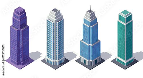 Isometric skyscrapers set with four modern high-rise buildings in various colors