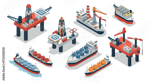 Isometric offshore oil rigs and cargo ships in maritime scene
