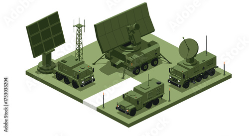 Modern military radar systems isometric set with vehicles and antennas