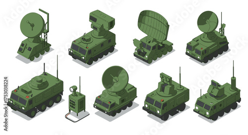 Isometric military radar vehicles set with communication equipment in green