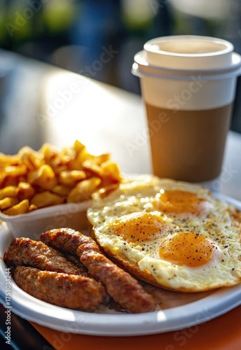 A fast food breakfast combo with scrambled eggs, sausage, hash browns, and a coffee. Stock