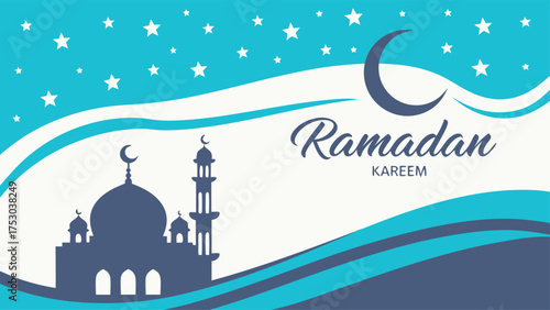 Elegant Ramadan Kareem greeting with Islamic mosque silhouette under starry sky and crescent moon