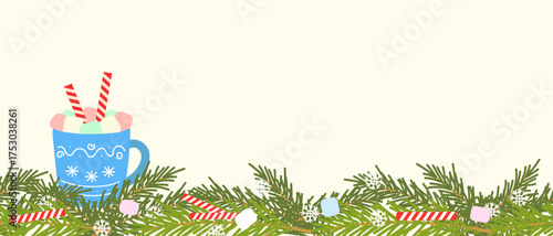 Christmas banner with fir tree branches and blue mug of hot cocoa with marshmallows and wafer rolls , New Years , empty space for insertion.