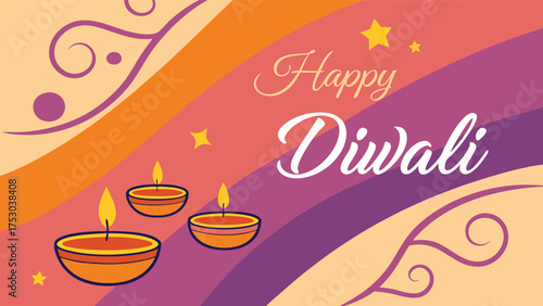 Vibrant Happy Diwali greeting with diya lights and celebratory swirls, perfect for festive invitations and promotions
