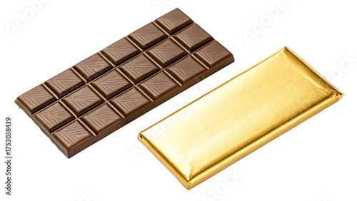 Chocolate bar with golden foil isolated on transparent background, top view