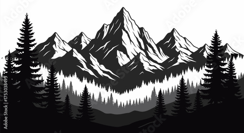 Vector Illustration Majestic Mountain Range Landscape with Forest and Peak Silhouette Design