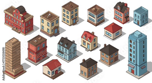Isometric urban building collection with diverse architectural styles