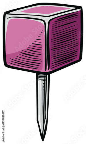Pink Cube Push Pin Illustration with Sharp Point for Paper or Cork Board Fixing