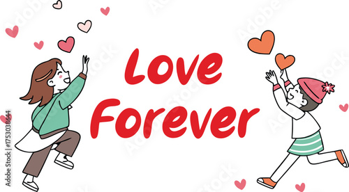 Joyful couple reaching for floating hearts, celebrating enduring love and happiness in a vibrant, playful moment