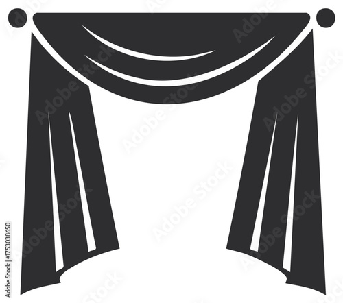 Draped Window Curtain Icon in Black and White, Stage Theatre Style, Drapery, Hanging