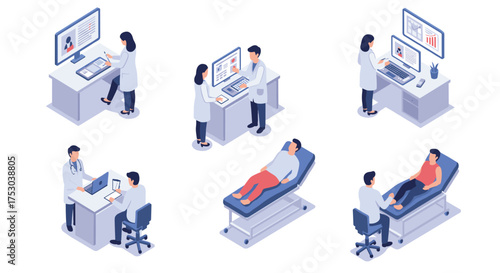 Healthcare professionals in isometric medical office with patients and technology