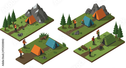 Isometric camping adventure with hikers and tents in forest