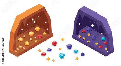 Colorful isometric gemstones display with sparkling effects