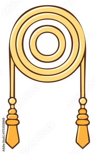 Cartoon style golden cord element featuring concentric circles and elegant hanging tassels