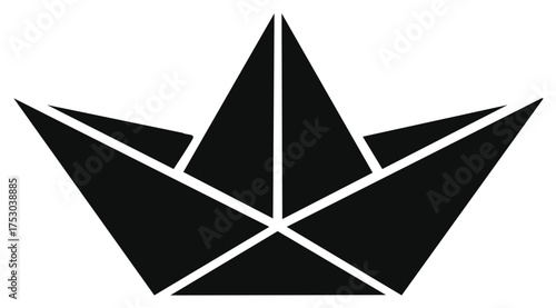 Black origami paper boat icon with geometric folded structure and crisp edges representing travel or creativity