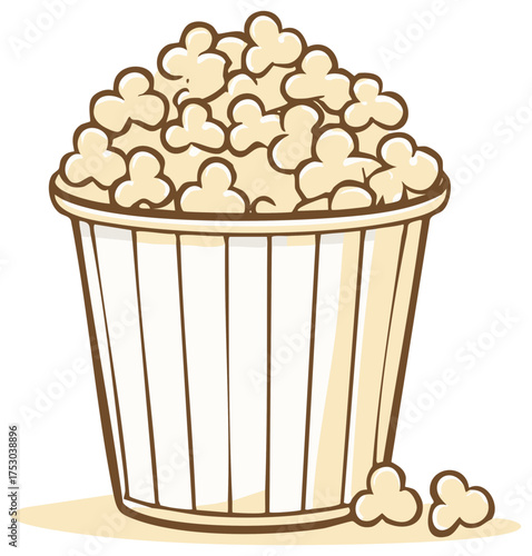 Cartoon illustration of a bucket filled with popcorn, snack for watching movie, flat vector image
