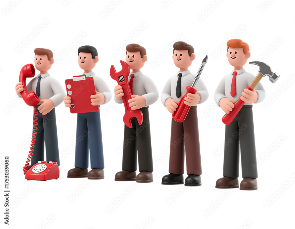 Fototapeta premium 3D Realism Businessmen with Tools, Crimson Wrench and Hammer on Transparent Background, Graphic Asset