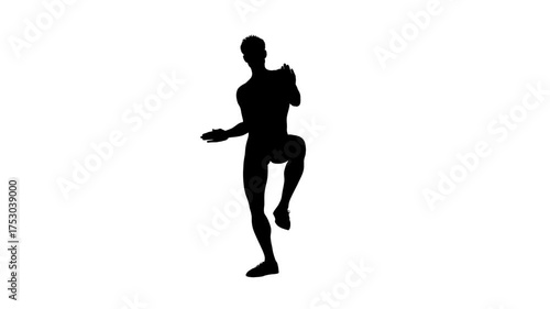 3D render : a silhouette male character is perofrming twist dance with the white background, 45 degrees front view
