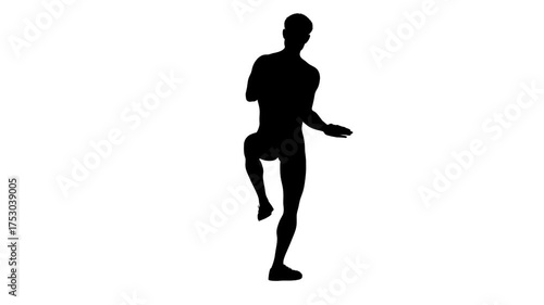 3D render : a silhouette male character is perofrming twist dance with the white background, 45 degrees back view
