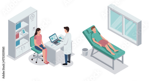 Isometric medical consultation and examination room with doctor and patients