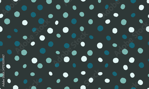 Abstract seamless pattern with scattered teal and white dots on a dark background.  Perfect for textile design, website backgrounds, or playful branding.