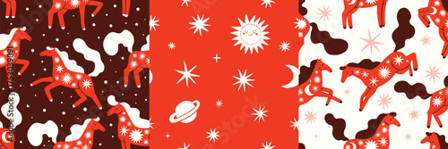 Seamless pattern set with decorative red horses. For prints, textile, wrapping paper, New Year 2026 design. Chinese zodiac, Year of the horse.