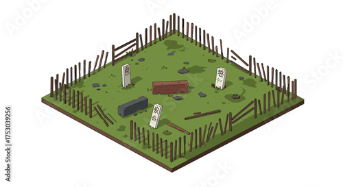 Isometric abandoned graveyard with broken fences and ancient tombstones