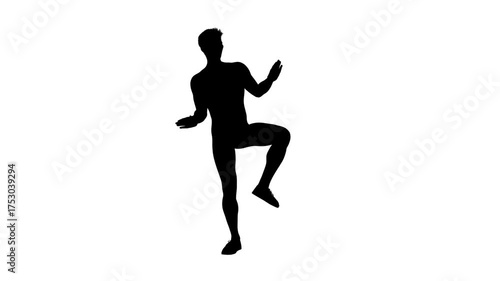 3D render : a silhouette male character is perofrming twist dance with the white background, front view
