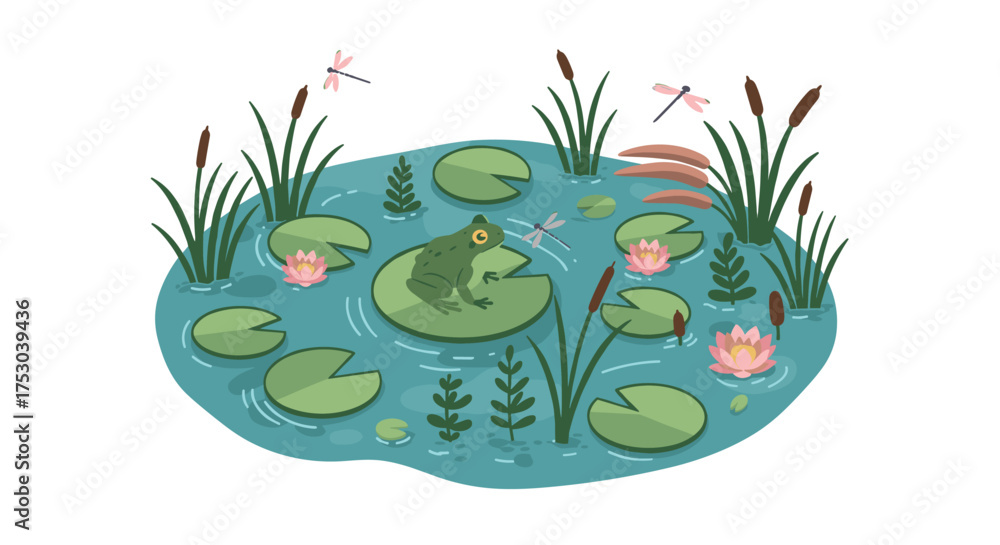 Fototapeta premium Tranquil pond scene with frog and dragonflies among water lilies and reeds