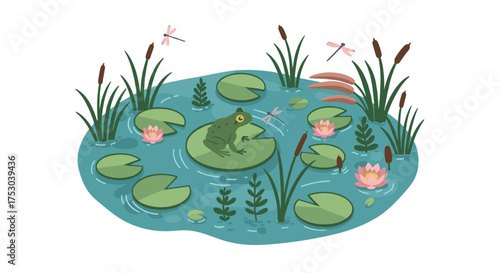 Tranquil pond scene with frog and dragonflies among water lilies and reeds
