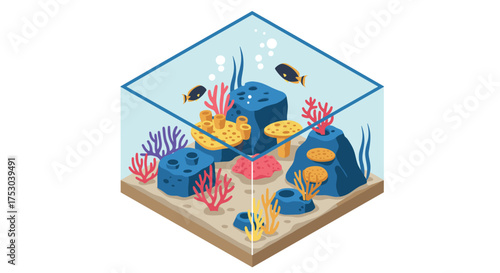 Colorful isometric aquarium scene with coral reefs and tropical fish