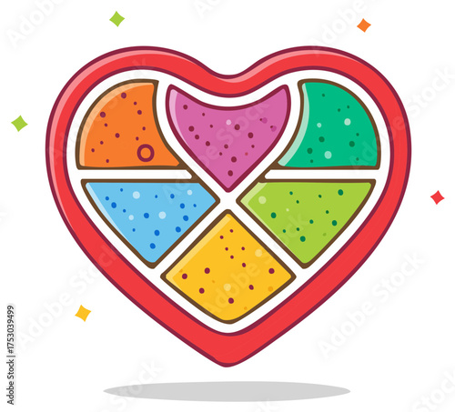 Vibrant heart-shaped box with colorful segmented compartments and playful sprinkles design