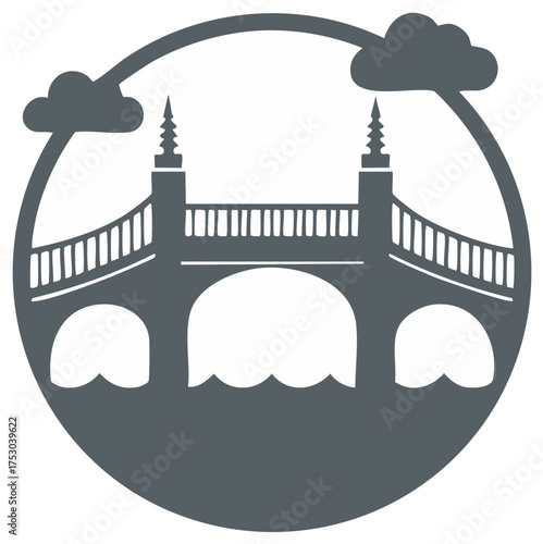 Iconic European bridge silhouette featuring distinctive towers and arches minimalist graphic design