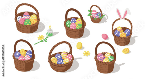 Easter baskets with decorated eggs and spring elements in isometric style