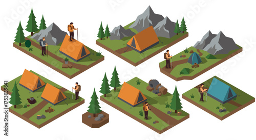 Isometric camping adventure landscape with tents and hikers