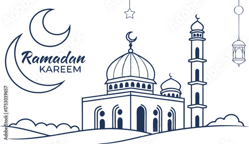 Elegant Ramadan Kareem mosque crescent moon and lantern design for festive celebrations and cultural events