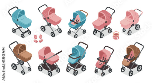 Diverse collection of isometric baby strollers with accessories in various colors