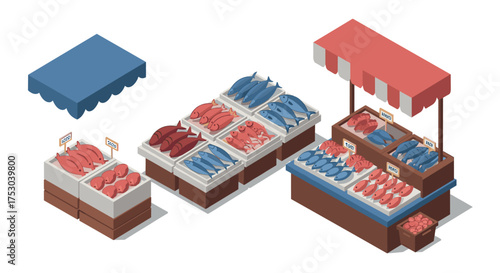 Isometric market stalls with fresh fish and seafood under colorful awnings
