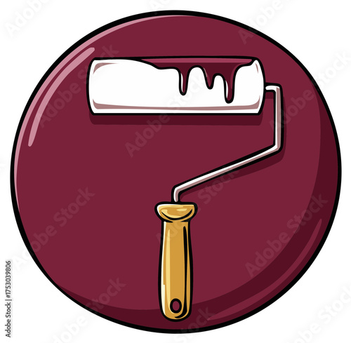 Painter's roller dripping rich brown paint, painting equipment in a circular frame, DIY project illustration