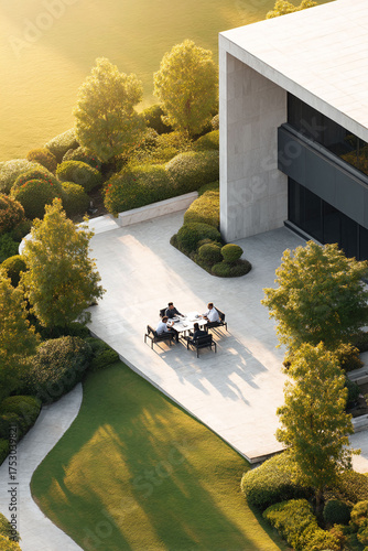 Aerial view of business team in modern outdoor meeting space. Collaboration in nature sustainable corporate culture. Serene, productive, innovative.