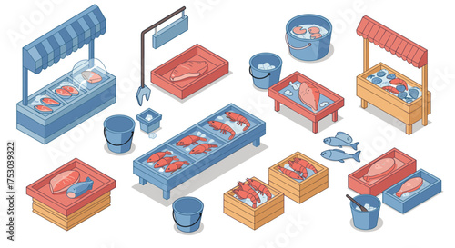 Isometric seafood market display with fish stalls and fresh produce elements
