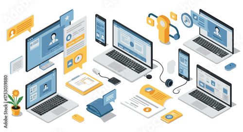 Isometric digital workspace with laptops, smartphones, and office accessories