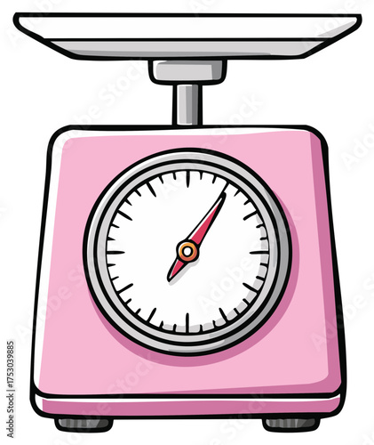 Cartoon illustration of a pink retro kitchen food scale for weighing and measuring ingredients