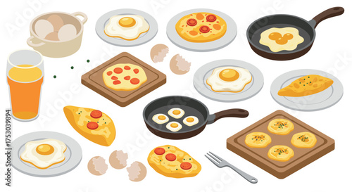 Breakfast delights: isometric egg dishes and fresh juice assortment