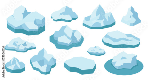 Various floating icebergs in minimalist flat style on white background